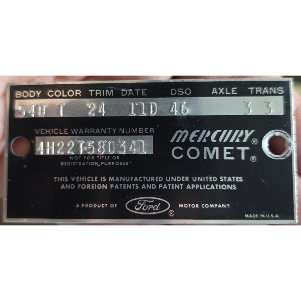 1964 Mercury Comet Data Plate Data Tag